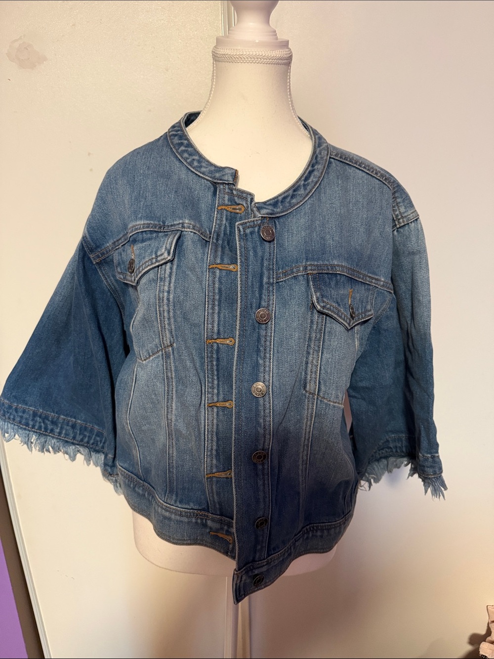 Cropped Washed Denim Jacket in Blue with Frayed Elbow-Length Sleeves